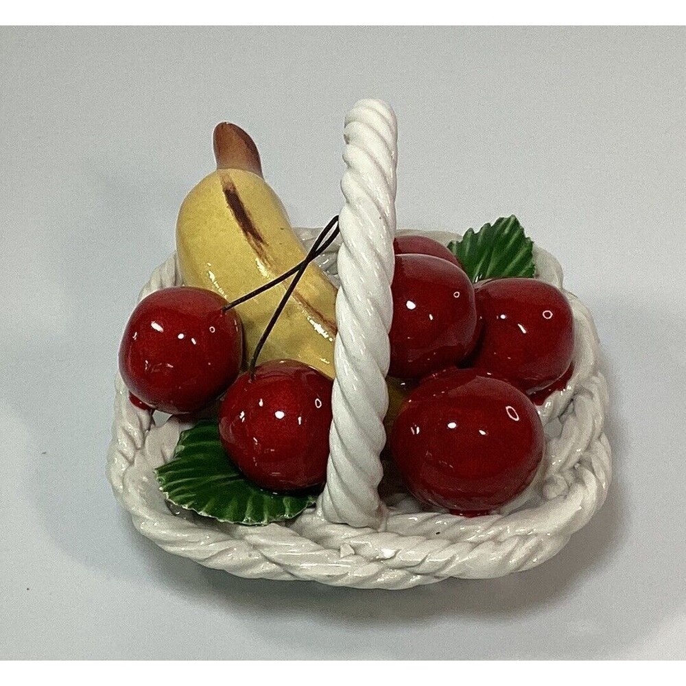 Vtg Italian White Square Ceramic Wicker Basket Fruit Basket Cherries Banana